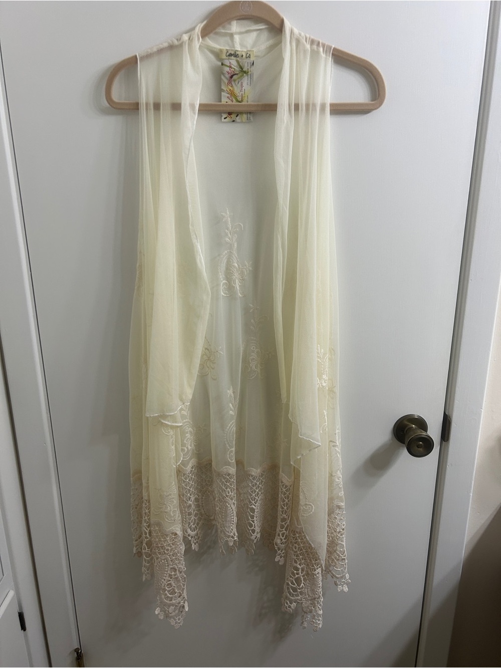 Camille & Co. Cream Lace Trim Sheer Duster Vest